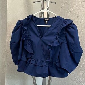 AQUA Women's Navy Ruffle Hummingbird Wrap Blouse